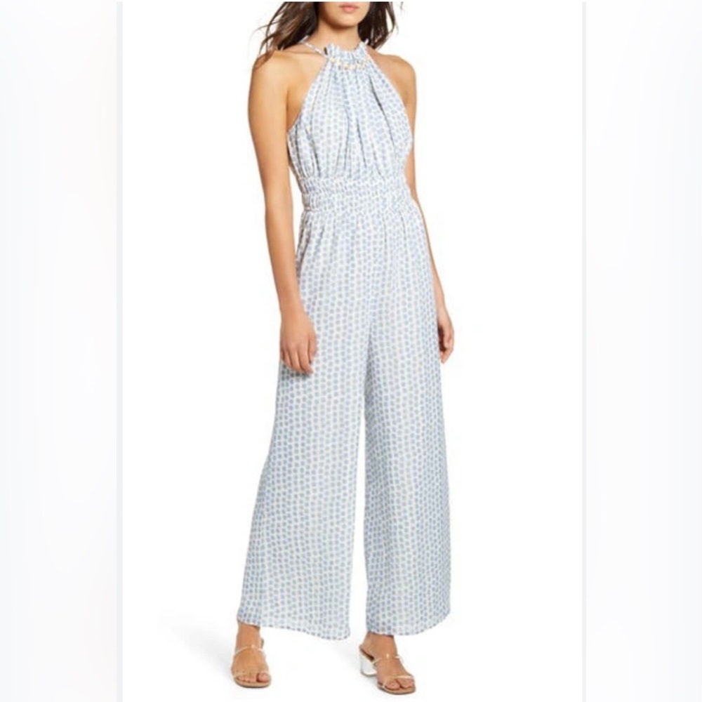 🎉HP🎉 Moon River Blue Polka Dot Halter Neck Wide Leg Jumpsuit
